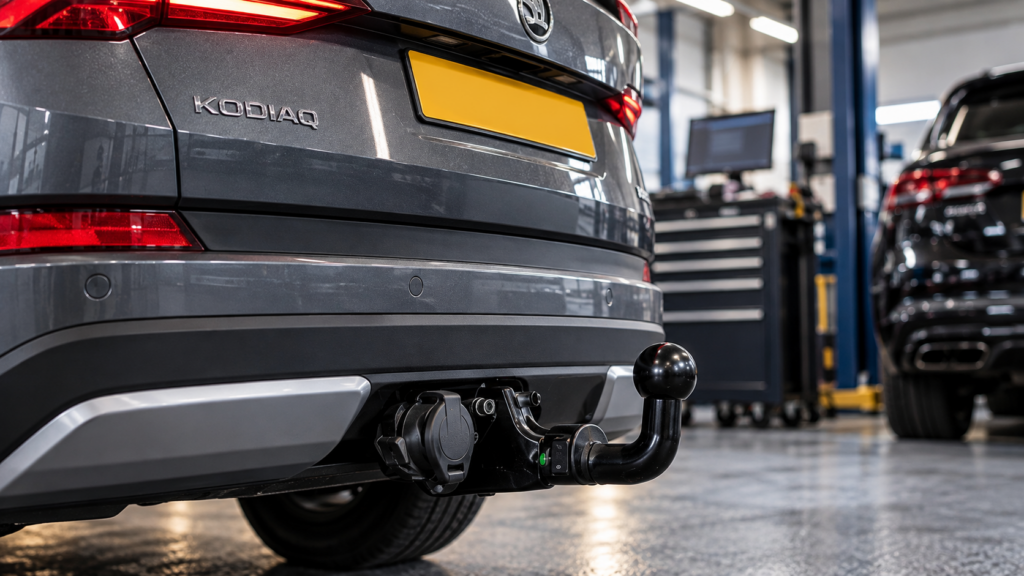 OEM towbar retrofit on a modern VW Group vehicle with trailer electrics and detachable towbar