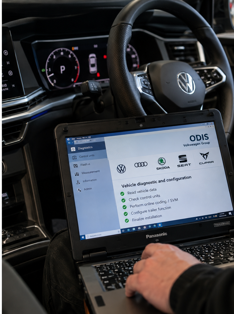 ODIS diagnostics and SFD2 towbar coding on a modern Volkswagen Group vehicle